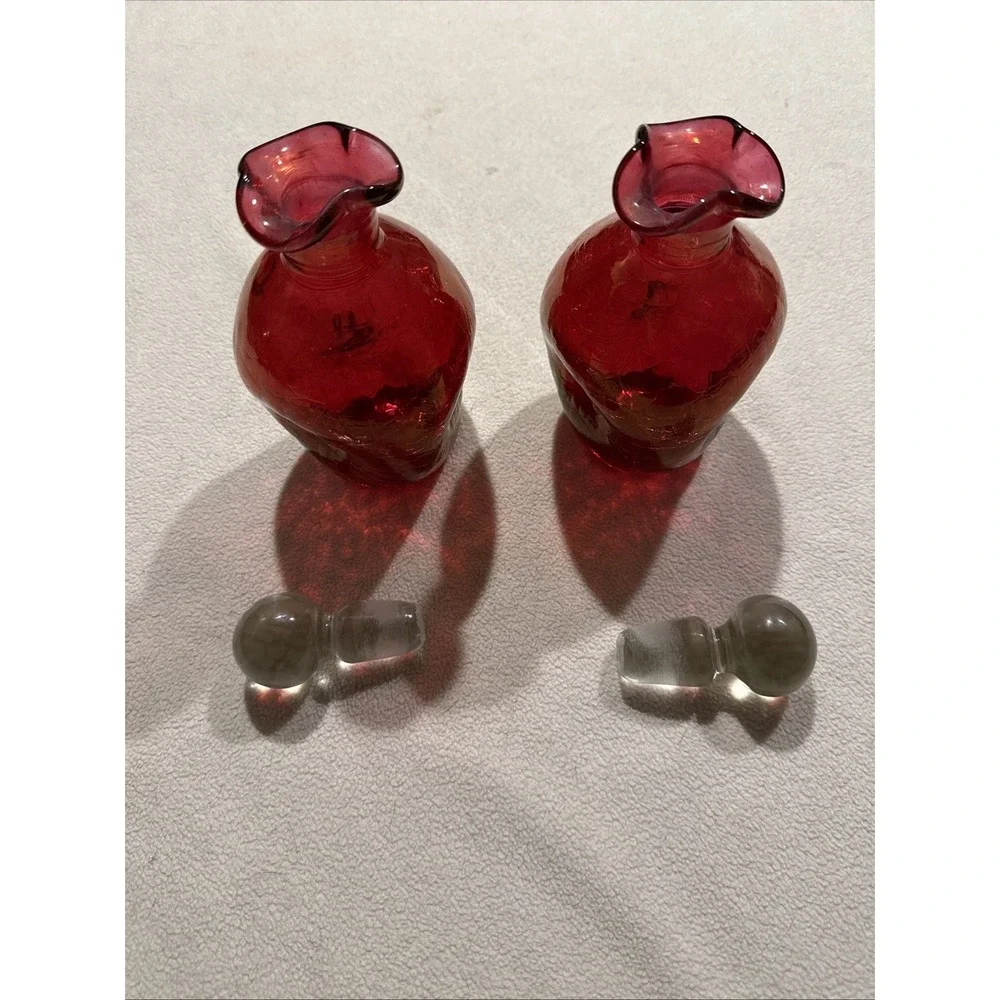 Vintage Blenko Red Rose Color Crackle Glass Pinched Decanter Mid Century‎